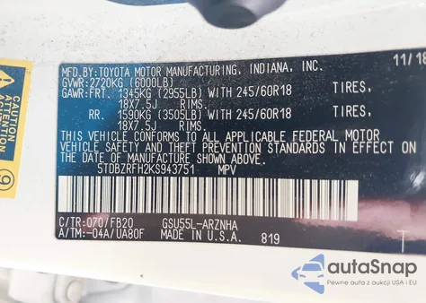 2019 Toyota Highlander Le z USA, uszkodzony, nr VIN 5TDBZRFH2KS943751